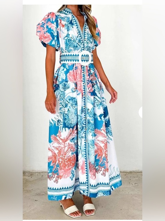 Sunday Up Dresses & Skirts - Tropical Floral Maxi Dress Puff Sleeve Resort Coastal Wedding Guest Feminine S